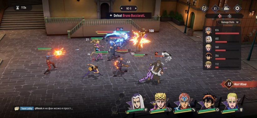 JoJo Golden Spirit street fight screenshot showing a Defeat Bruno Bucciarati objective, damage meters, and a five-Stand party bar