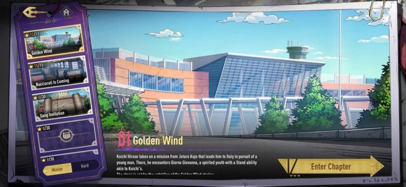 JoJo Golden Spirit story map for Golden Wind chapter 01 with Naples airport art and Enter Chapter button